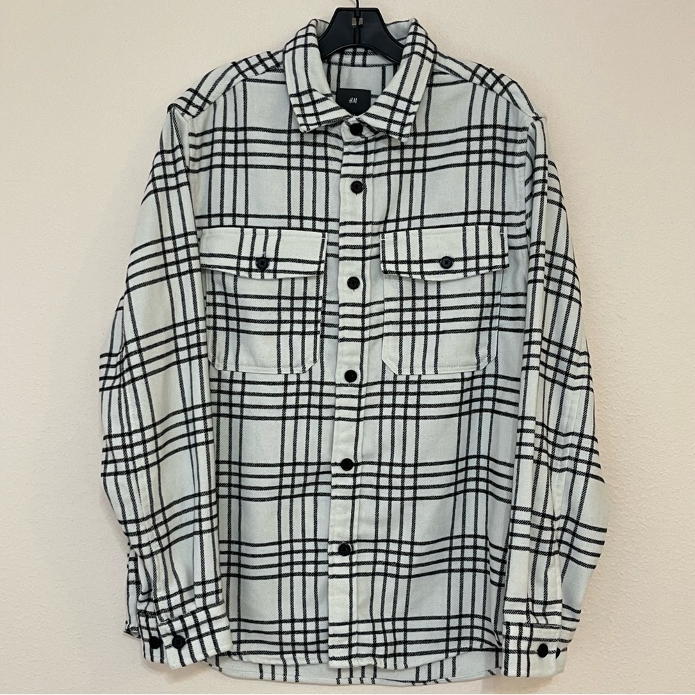 H&M Plaid White and Black Shacket Flannel Shirt